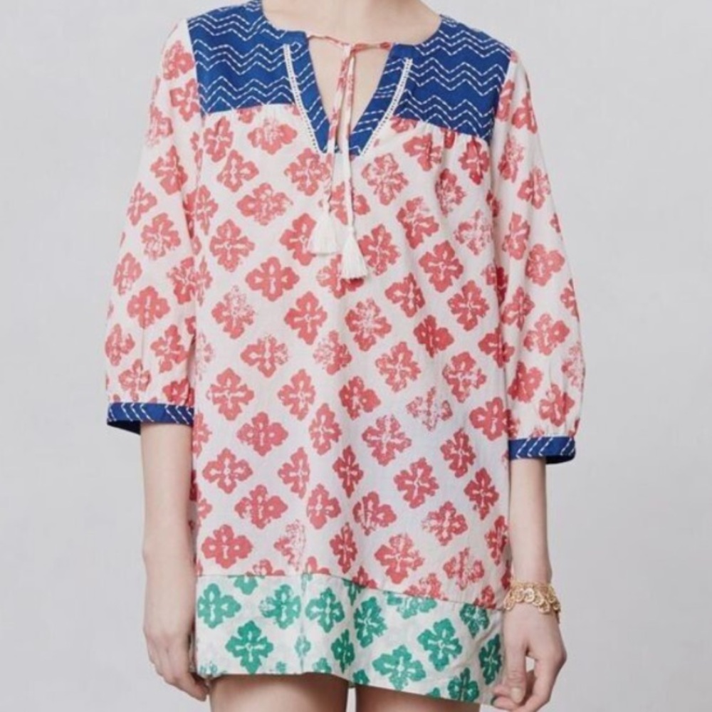 Anthropologie Mermaid Embroidered Printed Tunic Top